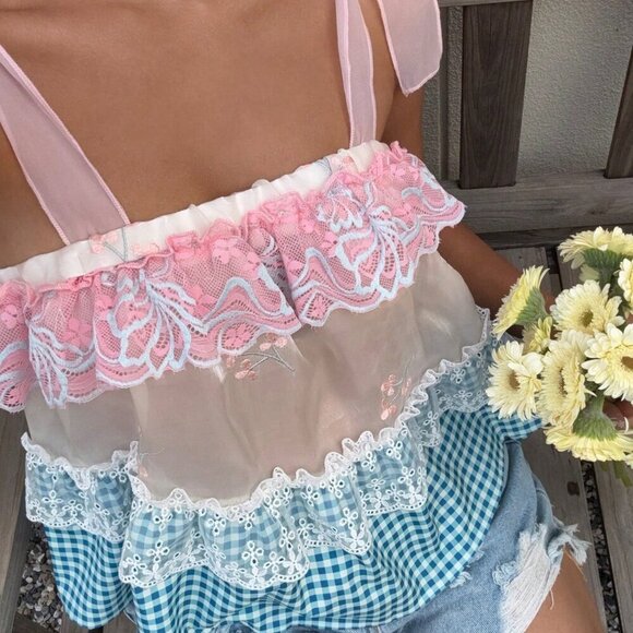 Boho Women's Vacation Plaid multi print Lace Splicing Camisole top - Picture 1 of 7